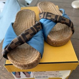 fendi Twisted Satin Espadrille Slide Sandals.